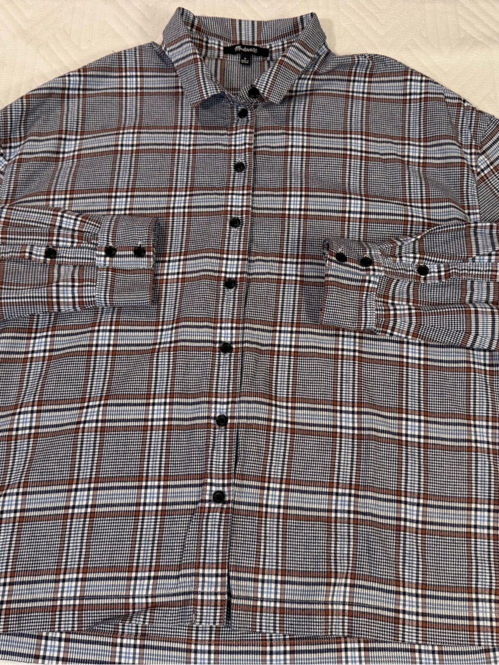 Madewell Plaid Button-Down Shirt with Blues & Brown, Size M